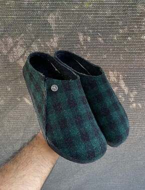 Birkenstock Zermatt Shearling Wool Felt Slippers Plaid Teal Green